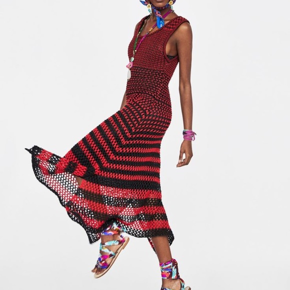 Zara Red and Black Striped Crochet Maxi Dress - Picture 2 of 16